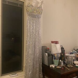 La Femme Iridescent Silver Sequin Gown
